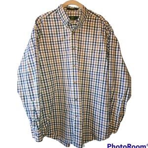 Orvis* 100% Cotton* Button Down Shirt* Blue/Tan/Green/White Plaid* Sz L/TL